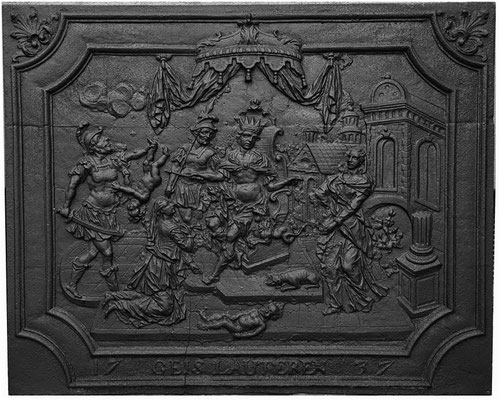  Inv.-Nr. 177   Das Urteil Salomons, Kaminplatte 108 x 87 cm, Geislautern, dat. 1737 