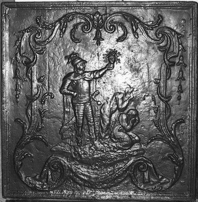 Inv.-Nr. 315   Perseus mit dem Haupt der Medusa, Kaminplatte 71 x 75 cm, Lothringen, 2. H. 18. Jh.