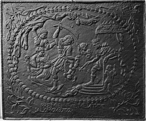  Inv.-Nr. 182   Das Urteil Salomons, Kaminplatte 108 x 91 cm, Eisenschmitt/Weilerbach (?), dat. 1702 