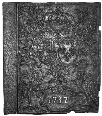  Inv.-Nr. 89   Allianzwappen Lothringen-Orleans,  Ofenplatte, 60 x 70 cm, Neunkirchen, dat. 1732 