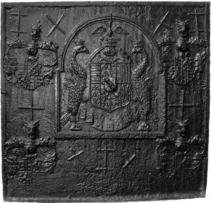 Inv.-Nr. 24   Wappenkomposition Lothringen Karl III. - ?, Kaminplatte 99 x 96 cm, Lothringen 2. H. 16. Jh.