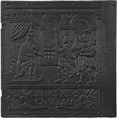  Inv.-Nr. 388   Josef deutet den Traum des Pharao, Ofenplatte 60 x 61 cm, Zinsweiler, dat. 1803 