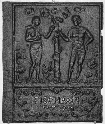  Inv.-Nr. 146   Adam und Eva, Ofenplatte 46 x 55 cm, Fischbach, dat. 1736