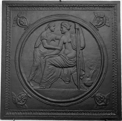 Inv.-Nr. 367   Paris und Hermes, Kaminplatte 80 x 80 cm, Lothringen, 1. H. 19. Jh.