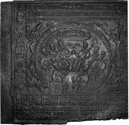 Inv.-Nr. 392    Kaiserwahl Rudolf II., Ofenplatte 99 x 90 cm, Elsaß/Pfalz, dat. 1599
