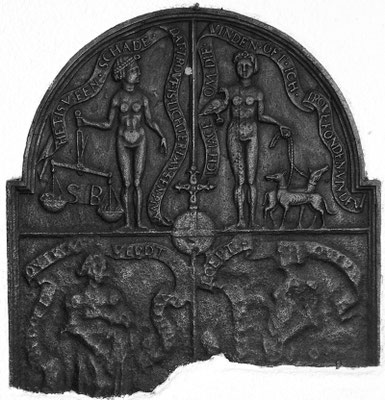 Inv,-Nr. 245   Allegorie von Treue und Untreue,  Kaminplatte 65 x 70 cm, Südeifel (?), um 1600