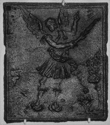  Inv.-Nr. 157   Vertreibung aus dem Paradies  Ofenplatte 35 x 35 cm, Saarland, 1, H. 18. Jh.