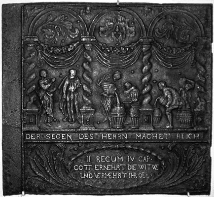  Inv.-Nr. 187   Das Ölwunder des Elisäus, Ofenplatte 75 x 68 cm, Lahngebiet (?), 2. H. 17. Jh. 