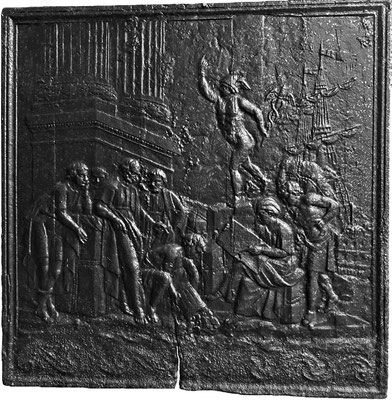 Inv.-Nr. 242   Allegorie des Handels, Kaminplatte 80 x 80 cm, Villerupt (?), Anfang 18. Jh.