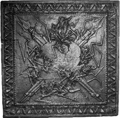 Inv.-Nr. 269   Allegorie der Zerstörung, Kaminplatte 59 x 59 cm, Lothringen, 18. Jh.