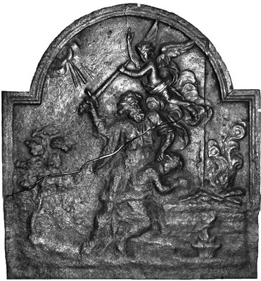  Inv.-Nr. 166   Opferung Isaaks, Kaminplatte, 60 x 65 cm, Lothringen, um 1700 