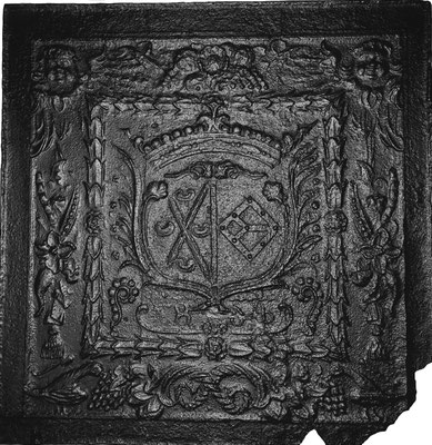 Hochzeitswappen Wolfgang Ernst Schenk von Schmidtburg - Anna Katharina Elisabeth von Orsbeck, Kaminplatte 81 x 85 cm, Quinte, um 1690