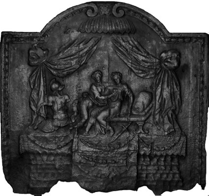 Inv.-Nr. 342   Heimkehr eines verwundeten Kriegers, Kaminplatte 80 x 74 cm, Lothringen, 1. H. 18. Jh.