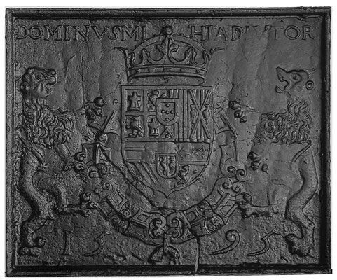 Inv.-Nr. 7   Wappen Spanien Philipp II., Kaminplatte 75 x 63 cm, Villerupt, dat. 1595