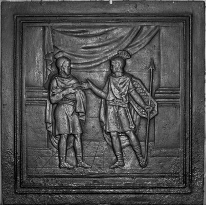 Inv.-Nr. 343   Zwei Krieger, Kaminplatte 55 x 54 cm, Lothringen, 1. H. 19. Jh.