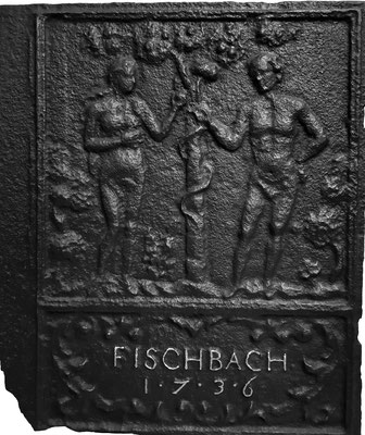  Inv.-Nr. 148   Adam und Eva, Ofenplatte 48 x 58 cm, Fischbach, dat. 1736 