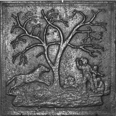 Inv.-Nr. 375   Wolfsabwehr  Kaminplatte, 60 x 60 cm, Lothringen, 17./18. Jh.