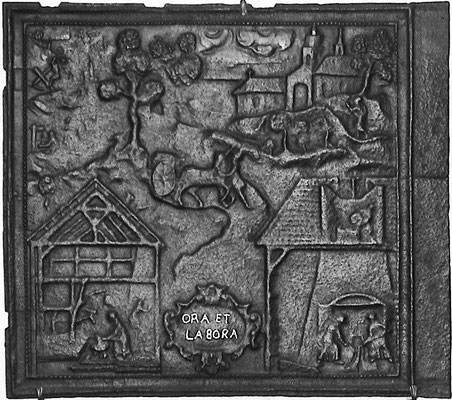 Inv.-Nr. 240   Darstellung der Eisengewinnung und -verarbeitung, Ofenplatte 90 x 80 cm, Südpfalz (?), um 1700