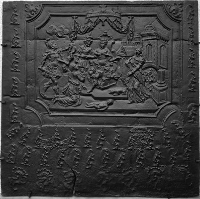  Inv.-Nr. 179   Das Urteil Salomons, Kaminplatte 131 x 129 cm, Saarland, 1. H. 18. Jh. 