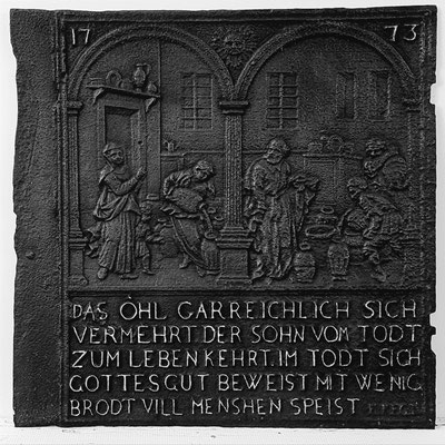  Inv.-Nr. 185   Das Ölwunder des Elisäus, Ofenplatte 68 x 68 cm, Zinsweiler, dat. 1773 
