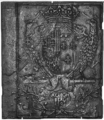  Inv.-Nr. 90   Allianzwappen Lothringen(Lepold I.) - Orleans (Elisabeth-Charlotte von Orleans),  Ofenplatte 61 x 70 cm, Gaisberg, dat. 1705 