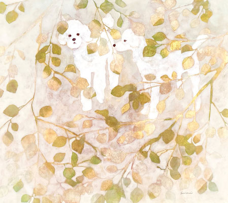 「木の葉の向こうで」　2021　大色紙(232×272mm)　岩絵の具、アクリル絵の具、アートグルー、画仙紙　（個人蔵）