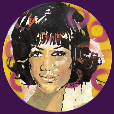 Aretha Frankling,Acryl on Vinyl, 30 cm Durchmesser, 2023, sold