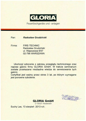 Autoryzacja GLORIA remont i serwis gaśnic