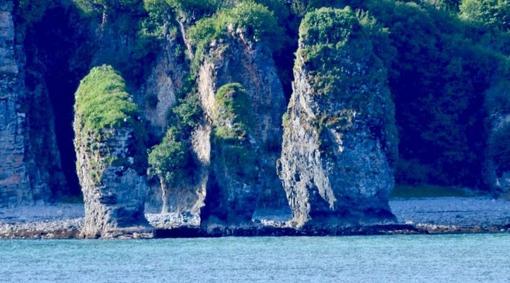 Eine Bucht mit Felsen in der Kukak Bay in Alaska