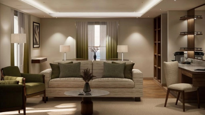Crystal Grace Junior Penthouse Suite Wohnbereich mit Couch, Tisch und Stühlen