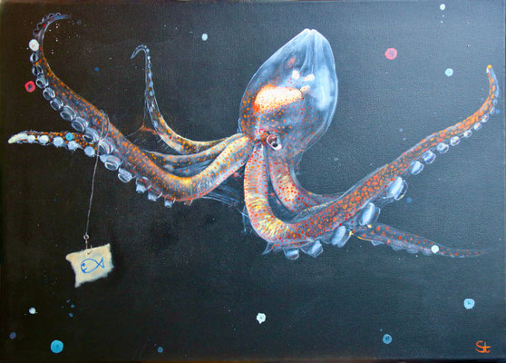 Glass octopus, Öl und Acryl auf Leinwand, 70x50 cm