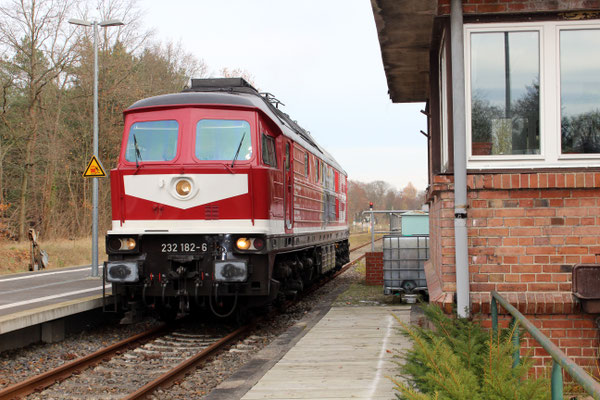 04. Dezember 2020: Diesellok 232 182 der Leipziger Eisenbahn Gesellschaft im Bahnhof  Zernsdorf eine Pause, bevor sie einen Kesselwagen aus Grünau holte. Die Lok hat eine  markante Lackierung mit aufgemaltem Motor und Motordaten.