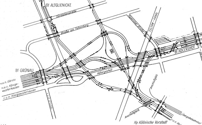 1962: Gleisplan vom Grünauer Kreuz nach Ausbau des Berliner Aussenrings mit S-Bahn-Strecke nach Flughafen Schönefeld
