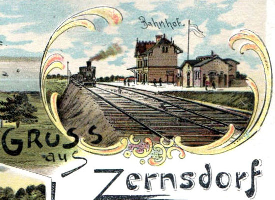 1901: Lithograhie Bahnhof Zernsdorf (Postkarte)