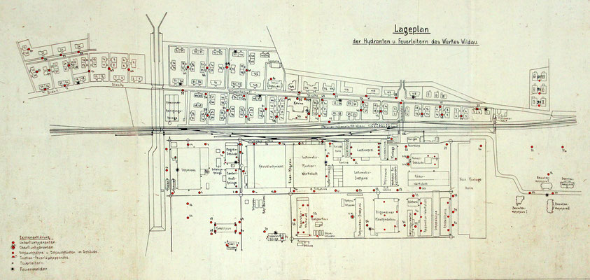 Plan der Werksanlagen mit Hydranten für die Feuerwehr, 1926
