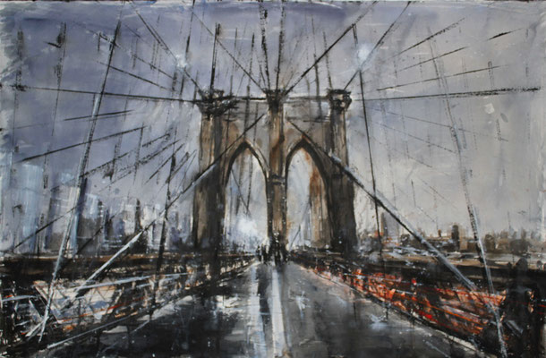 Brooklyn Bridge  "Regen" Mischtechnik auf Arches-Bütten 65x101 cm Grain Torchon 365 g/m²