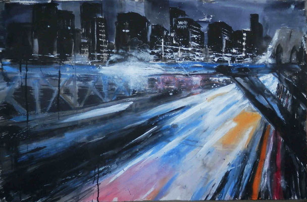 Brooklyn Bridge  "Rush hour"  Mischtechnik       Arches Aquarelle Grain Torchon  65X101 cm/25X40 in  365 g/m²