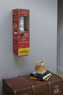 SPARK PLUG MARCHAL  Collage papier, techniques mixtes & impression 3D sur support bois. 73 cm x 20 cm x 20 cm. 2025