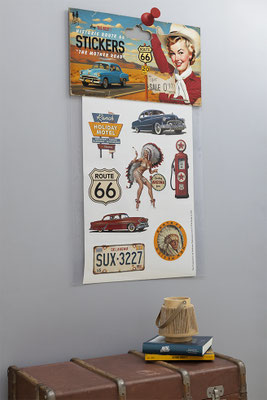 STICKERS ROUTE 66 - Pochette de sticker oversize XXL - Collage papier & techniques mixtes sur support bois - 130 cm x 71 cm - 2025