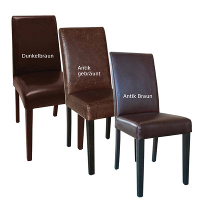 Stuhl mit verschienen Kunstlederarten: dunkelbraun, antik gebräunt und antik braun
