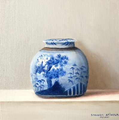 Azul y Blanco, Tarro, Oleo sobre tabla, Medidas 15,5 x 15,5 cm.