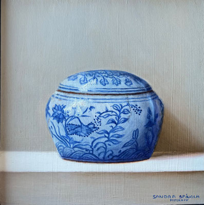 Azul y Blanco, Caja Flores, Oleo sobre tabla, Medidas 15,5 x 15,5 cm.