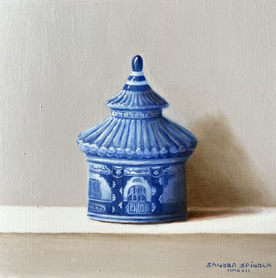 Azul y Blanco, Tarro de Té 2, Oleo sobre tabla, Medidas 15,5 x 15,5 cm.