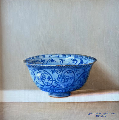 Azul y Blanco, Cuenco Flores II, Oleo sobre tabla, Medidas 15,5 x 15,5 cm.