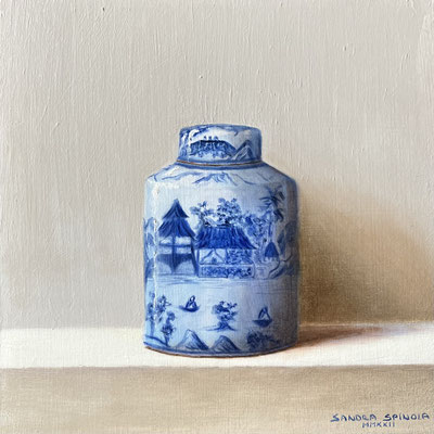 Azul y Blanco, Tarro de Té, Oleo sobre tabla, Medidas 15,5 x 15,5 cm.