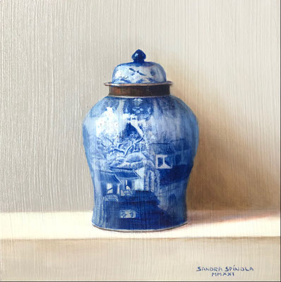 Azul y Blanco, Tarro, Oleo sobre tabla, Medidas 15,5 x 15,5 cm.