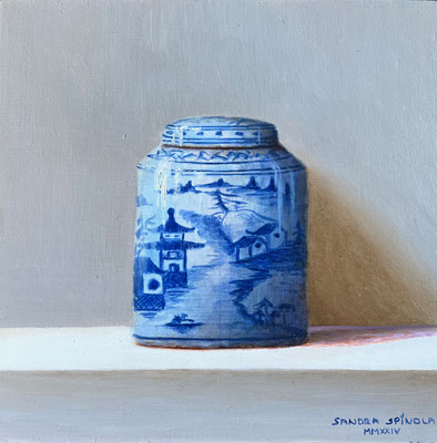 Azul y Blanco, Bote III, Oleo sobre tabla, Medidas 15,5 x 15,5 cm.