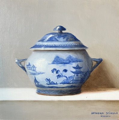 Azul y Blanco, Sopera 3, Oleo sobre tabla, Medidas 15,5 x 15,5 cm.