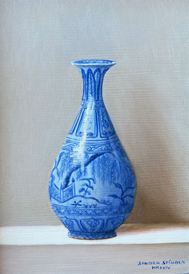 Azul y Blanco, Jarrón Arbol, Oleo sobre tabla, Medidas 15,5 x 15,5 cm.