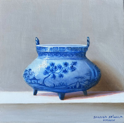 Azul y Blanco, Cuenco Arbol, Oleo sobre tabla, Medidas 15,5 x 15,5 cm.